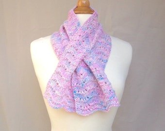 Pull Through Keyhole Scarf, Pink Pastel Multicolor, Merino Cashmere, Hand Knit Neck Warmer, Bow Scarflette