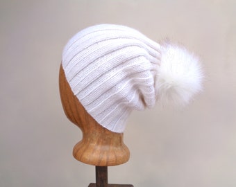 White Cashmere Hat with Faux Fur Pom Pom, Women Teen Girls, Chic Winter Beanie, Pure Soft Cashmere