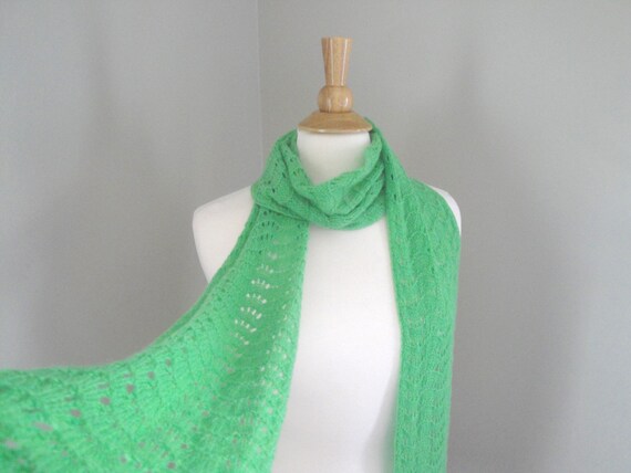 Hand Knit Cashmere Scarf Kelly Green Extra Long Lace Lacy Wrap Scarf Luxury Natural Fiber Bright Apple Green