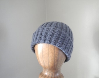 Medium Gray Hat with Brim Cuff, Pure Cashmere, Hand Knit, Beanie Watch Cap, Luxury, Gift for Him Her