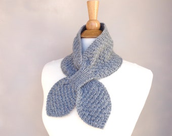 Gray Ascot Scarf, Pull Through Keyhole, Alpaca Wool, Small Neck Scarf, Hand Knit Neck Warmer