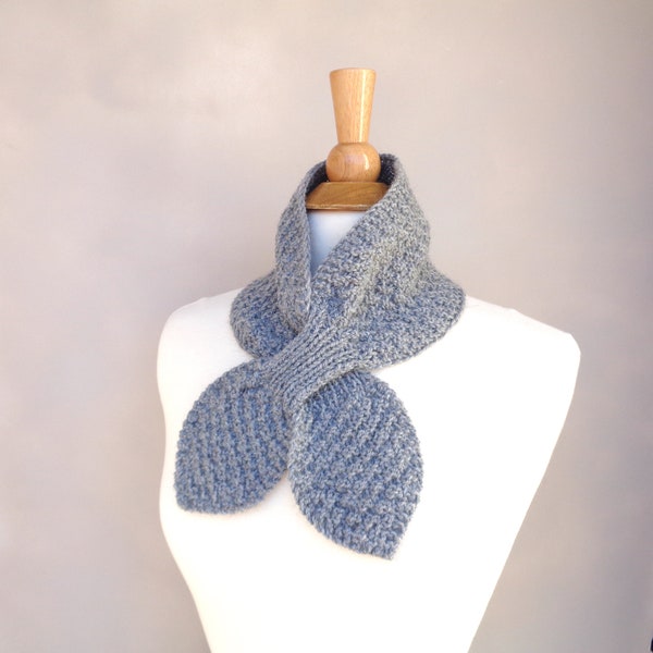 Gray Ascot Scarf, Pull Through Keyhole, Alpaca Wool, Small Neck Scarf, Hand Knit Neck Warmer