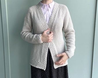 Open Front Cardigan Sweater, Pale Gray, Hand Knit Merino Wool, Elegant Layering Style, Women S M