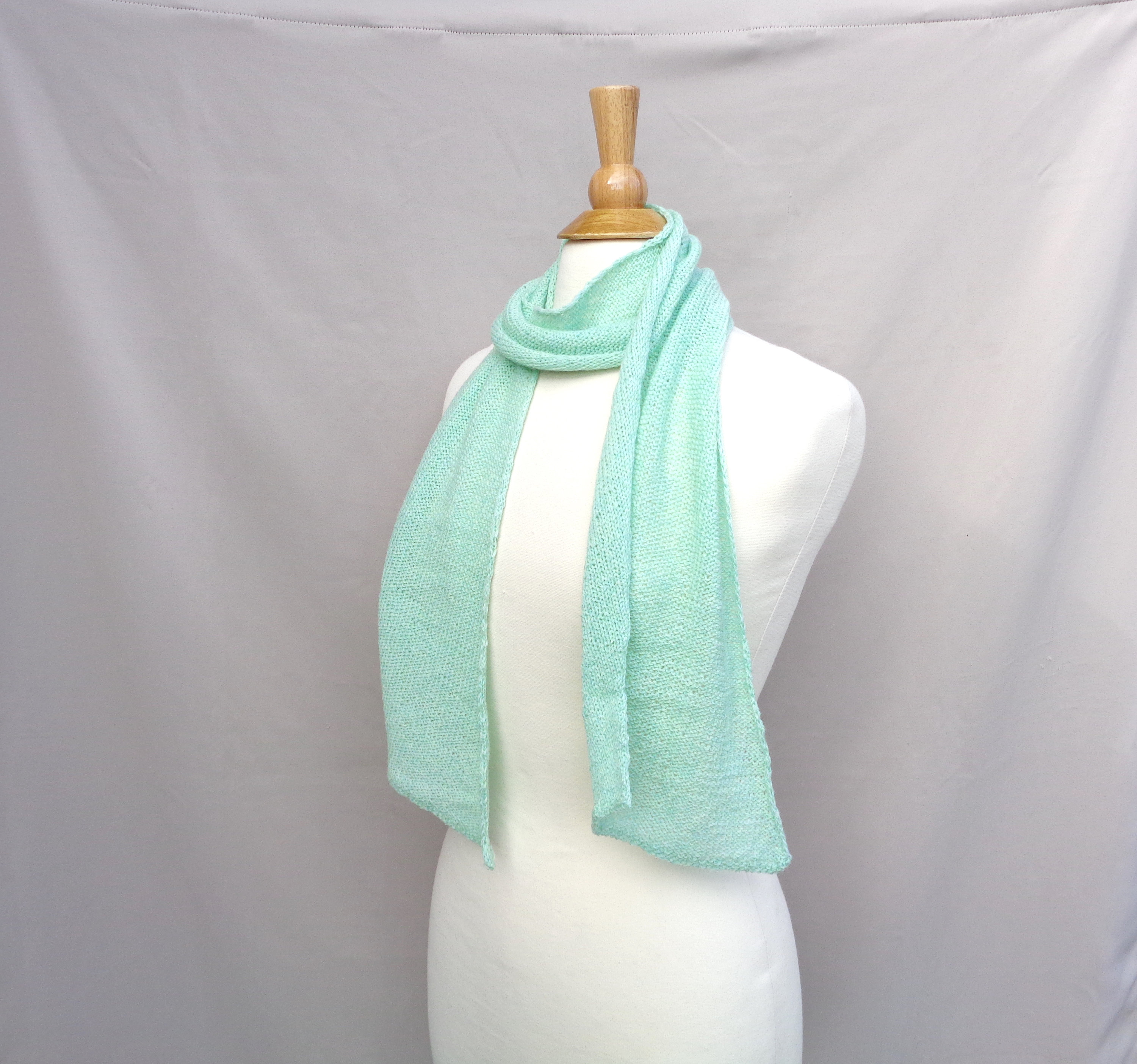 Simple Wrap Scarf, Mint Green, Merino Wool, Hand Knit, Diagonal
