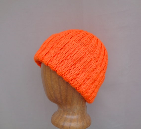 Neon Orange Hat Hand Knit Wool Blend 