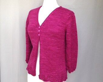 Berry Pink Cardigan Sweater, Lace Details, Hand Knit Merino Wool, Elegant Layering Style, Bracelet Sleeves, Women S M