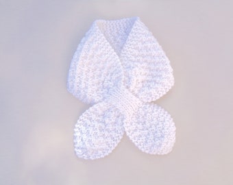 Childs Ascot Scarf, White, Hand Knit, Neck Warmer, Small Bow Scarf, Toddler Kids Cowl Scarf, Wool & Acrylic