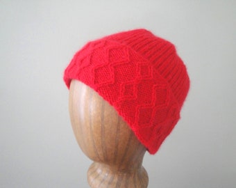Bright Red Cashmere Hat, Hand Knit, Cable Design, Fold Up Brim Watch Cap, Men & Women, Super Soft, Luxury Beanie, Christmas Gift