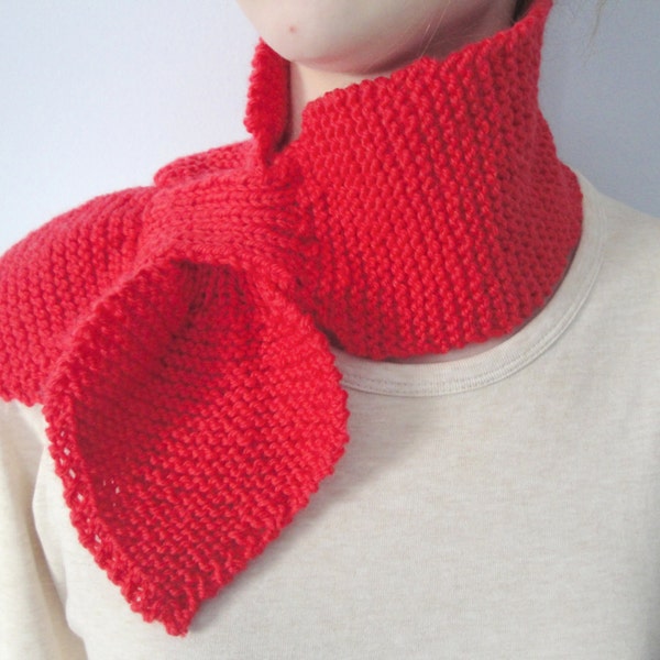 Bow Scarf, Knit Wool Scarf, Ascot Neck Warmer, Coral Pink, Keyhole Scarflette