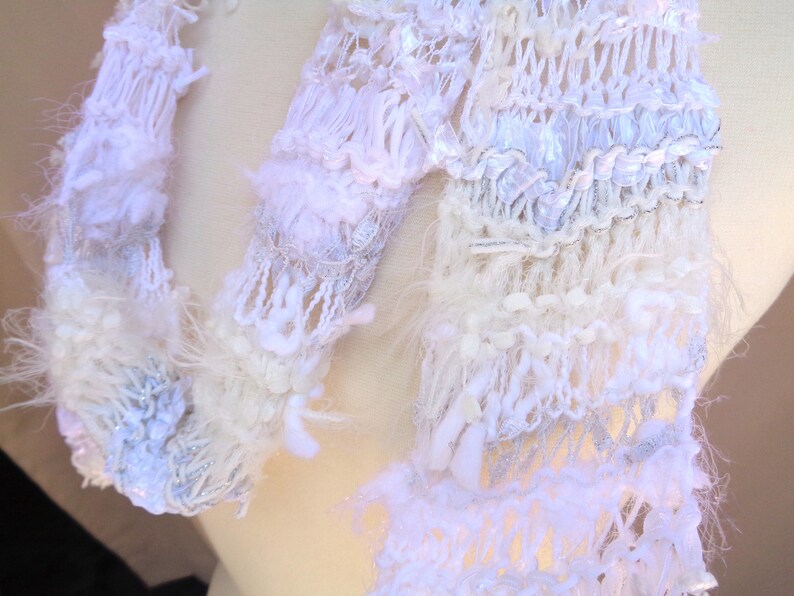 White Art Scarf, Hand Knit Designer Fashion, One of a Kind, Stringy Texture, Wild Scarf, Women & Teen Girls image 2