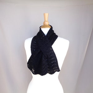 Pull Through Keyhole Scarf, Black, Cashmere blend, Hand Knit Neck Warmer, Bow Scarflette, Womens Scarf