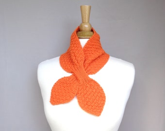 Neck Warmer Ascot Scarf, Bright Orange, Hand Knit, Merino Wool Cashmere, Miss Marple Tippet