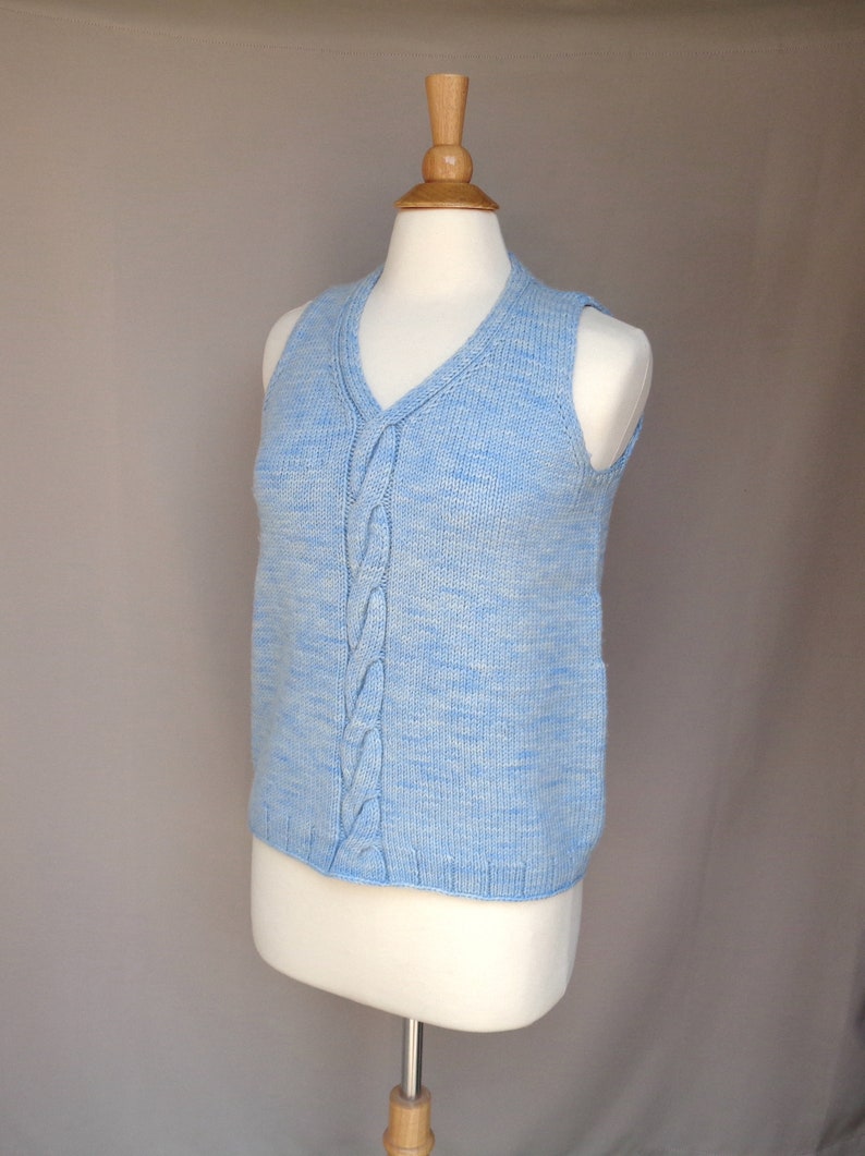 Pullover Sweater with Cable Design, Sleeveless Sweater Vest, Hand Dyed Blue Merino Wool, Hand Knit, Fall Winter Layer image 5