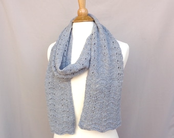 Soft Gray Cashmere Scarf, Hand Knit, Women's Knitted Scarf, Pure Cashmere, Extra Long, Lacy Scallop Lace, Super Light Weight