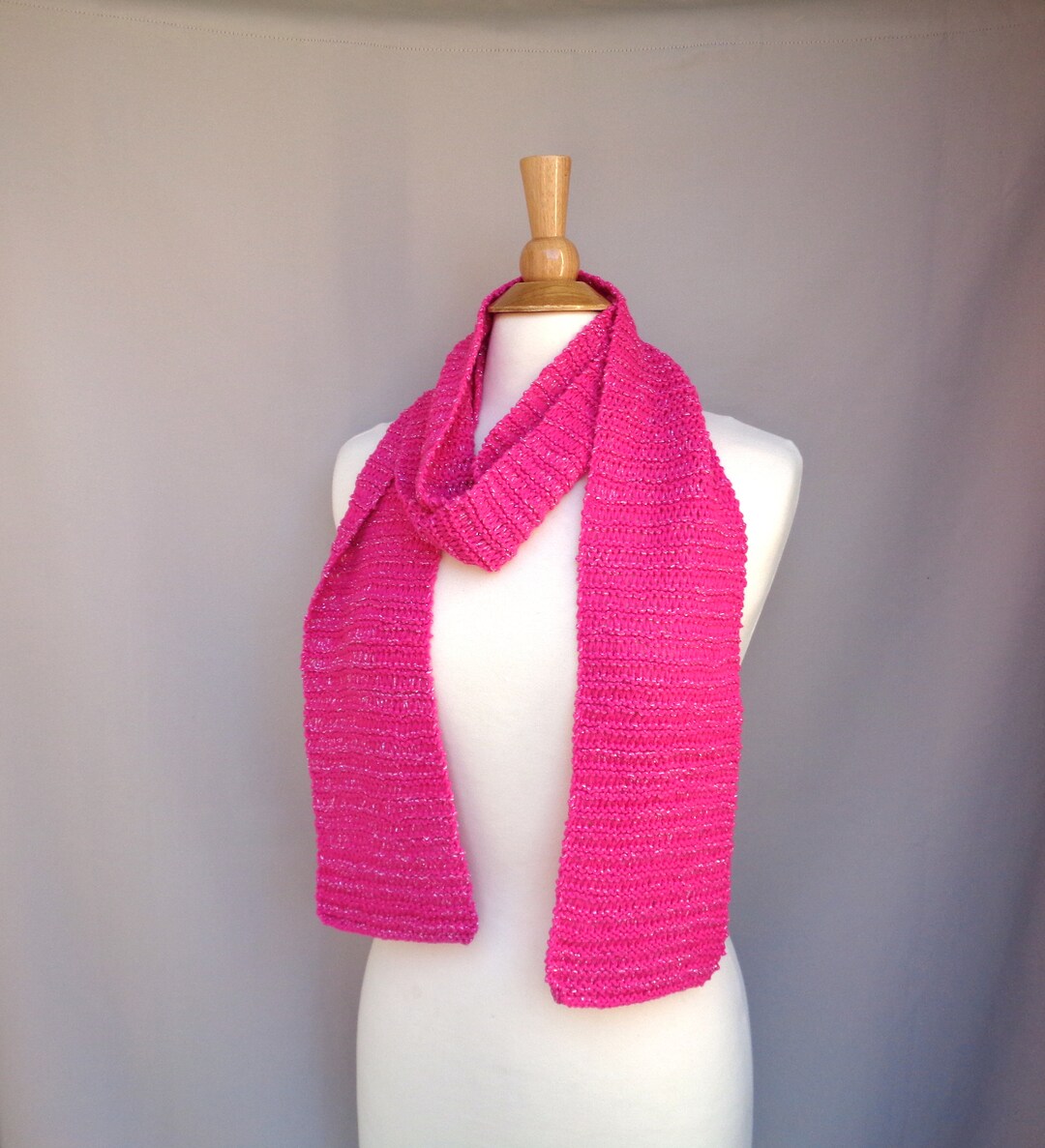 Fuchsia Pink Glitter Scarf, Cotton Blend, Hand Knit, Long Wrap Scarf ...