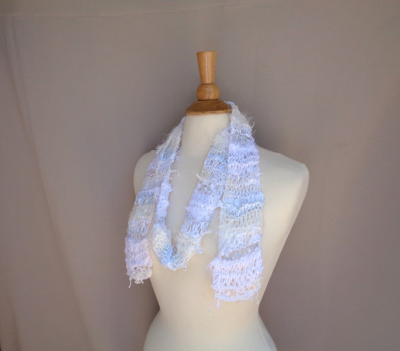 White Art Scarf, Hand Knit Designer Fashion, One of a Kind, Stringy Texture, Wild Scarf, Women & Teen Girls image 5