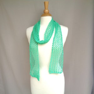 Skinny Lariat Scarf, Aqua Green Glitter, Summer Fashion, Mesh Lace, Hand Knit, Cotton Blend, Thin Knit Scarf, Women Teen Girls image 1