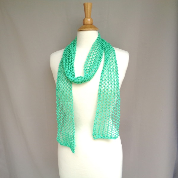 Skinny Lariat Scarf, Aqua Green Glitter, Summer Fashion, Mesh Lace, Hand Knit, Cotton Blend, Thin Knit Scarf, Women Teen Girls