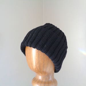 XL Mens Hat, Hand Knit, 100% Wool, BLACK Beanie Hat, Watch Cap with Brim, Natural Fiber, Extra Large, Black Wool Hat
