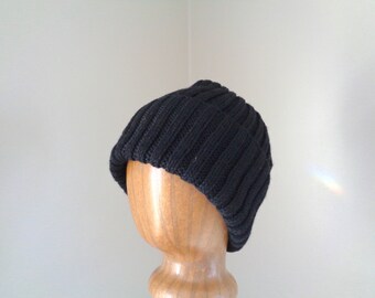 XL Mens Hat, Hand Knit, 100% Wool, BLACK Beanie Hat, Watch Cap with Brim, Natural Fiber, Extra Large, Black Wool Hat