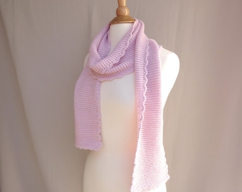 Alpaca Wool Scarf with Scallops, Pale Pink, Hand Knit Natural Fiber, Light Weight Long Wrap Scarf