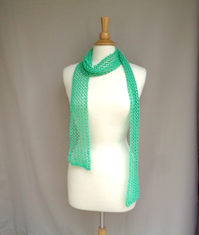 Skinny Lariat Scarf, Aqua Green Glitter, Summer Fashion, Mesh Lace, Hand Knit, Cotton Blend, Thin Knit Scarf, Women Teen Girls image 5