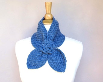 Denim Blue Ascot Scarf with Rose Flower, Merino Wool Cashmere, Keyhole Scarflette, Hand Knit, Neck Warmer, Women's Fashion