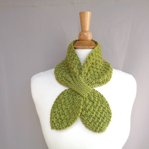 Avocado Green Ascot Scarf, Hand Knit Merino Wool Cashmere Blend, Neck Warmer Collar Cowl, Natural Luxury, Moss Green