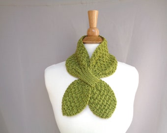 Avocado Green Ascot Scarf, Hand Knit Merino Wool Cashmere Blend, Neck Warmer Collar Cowl, Natural Luxury, Moss Green