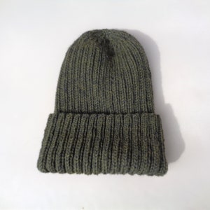 XL Mens Hat, Olive Green, Watch Cap With Folded Brim, Hand Knit ...