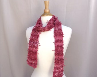 Rose Pink Art Scarf with Mixed Texture, Skinny Thin Wrap Scarf, Women Teen Girls Designer Fashion, Chic Style