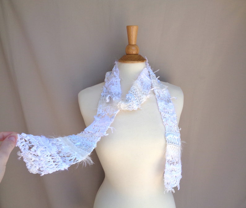 White Art Scarf, Hand Knit Designer Fashion, One of a Kind, Stringy Texture, Wild Scarf, Women & Teen Girls image 1