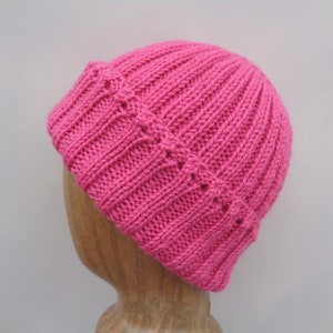 Women's Beanie Hat, Flamingo Pink, Hand Knit, 100% Wool, Watch Cap Style, Tween Teen Girls Warm Cap image 4