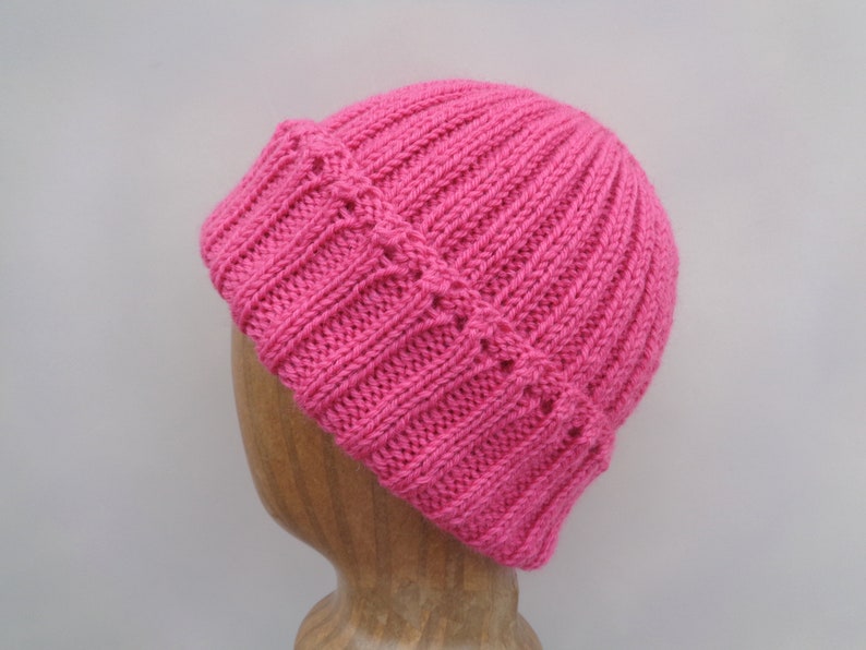 Women's Beanie Hat, Flamingo Pink, Hand Knit, 100% Wool, Watch Cap Style, Tween Teen Girls Warm Cap image 4