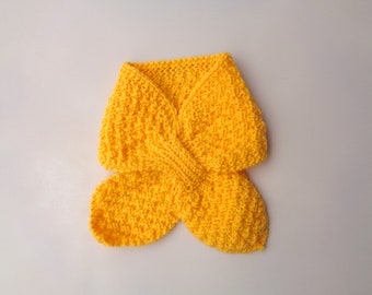 Childs Ascot Scarf, Yellow Gold, Hand Knit, Neck Warmer, Small Bow Scarf, Toddler Kids Cowl Scarf, Wool & Acrylic