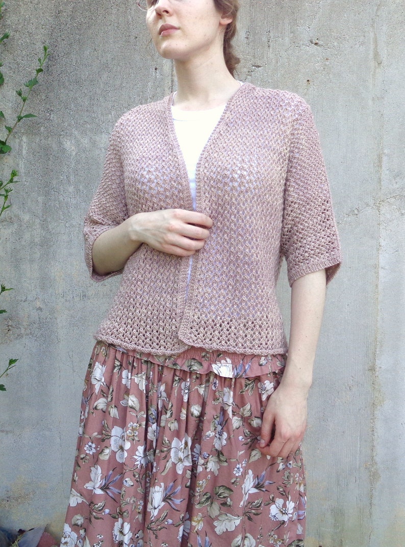 Light Brown Loose Fit Shrug Cardigan Sweater Cashmere Merino Wool Womens M L Hand Knit Elegant Lace