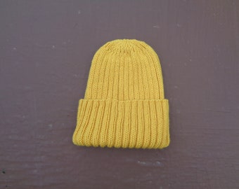 XL Mens Hat, Gold Yellow, Watch Cap with Folded Brim, Hand Knit Peruvian Wool, Warm Wool Hat