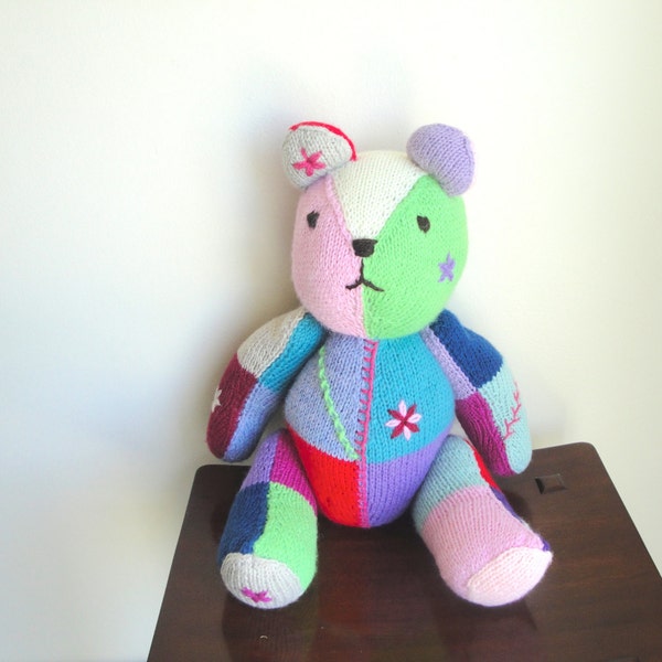 SALE Patchwork Teddy Bear, Kids Toy, Hand Knit, Colorful Rainbow, Jointed Embroidered Soft Plush Stuffed, Nursery/Home Decoration, Christmas