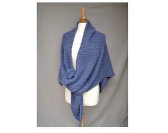 Large Shawl Wrap, Alpaca Wool Boucle, Periwinkle Blue Hand Knit Prayer Shawl, Comforting Healing Love