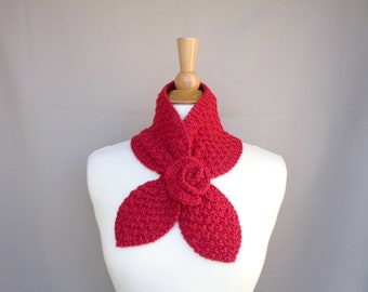 Red Neck Warmer Scarf with Rose Accent, Hand Knit Ascot Scarf, Pull Through Keyhole, Women's Rosette Cowl