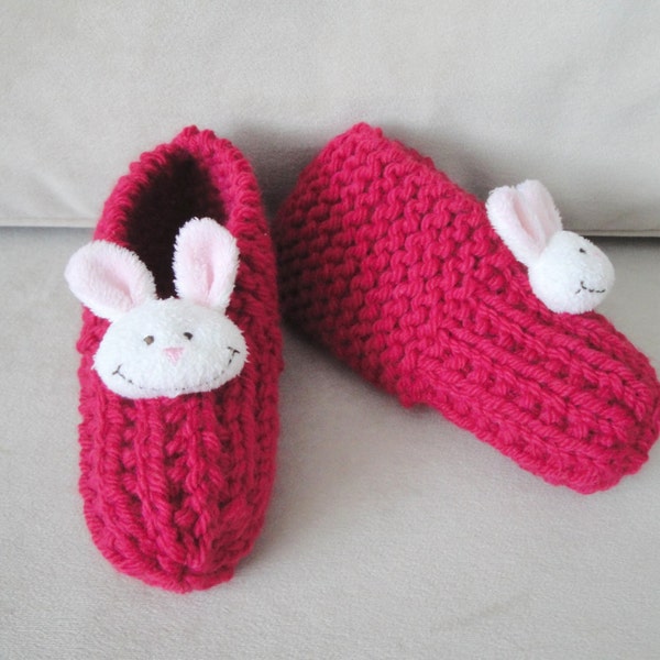 Knitted Bunny Slippers for Girls, Red Pink Children's Cozy House Socks, Age 5 6 7 8 9, Size 11 12 13 1 2 3