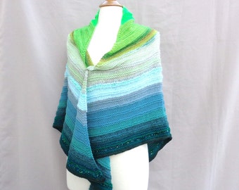 Artsy Green Striped Shawl, Hand Knit Comfort Shawl, Large Shawl Wrap, Alpaca Blend, Festival Statement Shawl