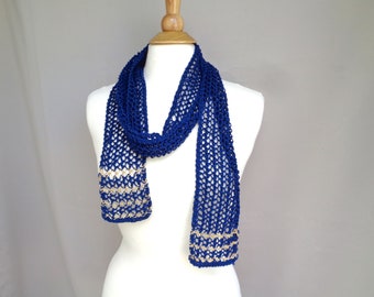 Mesh Lace Scarf, Navy Blue Gold, Skinny Thin Accent, Art Style, Women Teen Girls, Hand Knit, Pima Cotton Linen