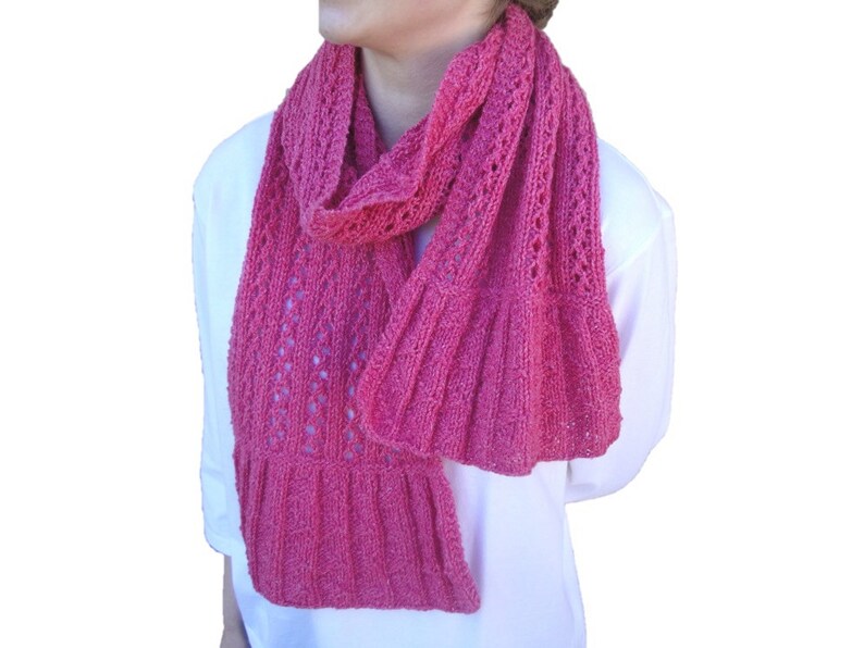 Bright Pink Lace Scarf with Flared Ends, Hand Knit, Wool Silk, Women Teen Girls, Luxury Natural Fiber, Short Knit Scarf image 3