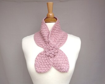 Rose Pink Scarf with Rosette, Ascot Neck Scarf, Merino Wool Cashmere, Hand Knit, Women's Fashion