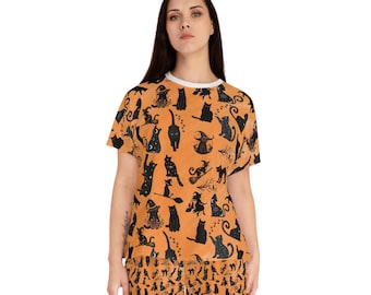 Conjunto de pijama para mujer con estampado de gato negro / Estampado integral naranja de Halloween