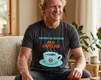 Camiseta con el lema "Corriendo sobre la intuición y la cafeína" / Ilustración de taza de café