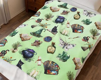 Iconos de magia de bruja Manta de terciopelo / Sombrero de bruja Caldero Gato Libro de hechizos