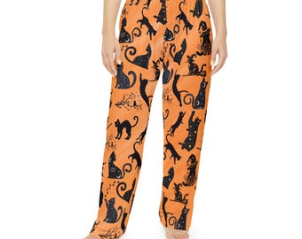Pantalones de pijama con estampado de gato negro para Halloween / Estampado integral naranja