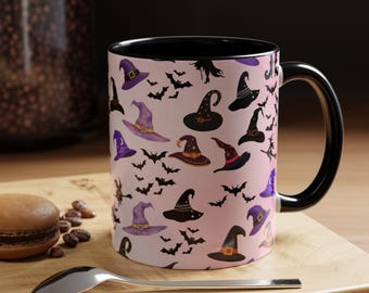 Taza decorativa con sombreros de bruja y murciélagos / Taza de café con estampado de Halloween